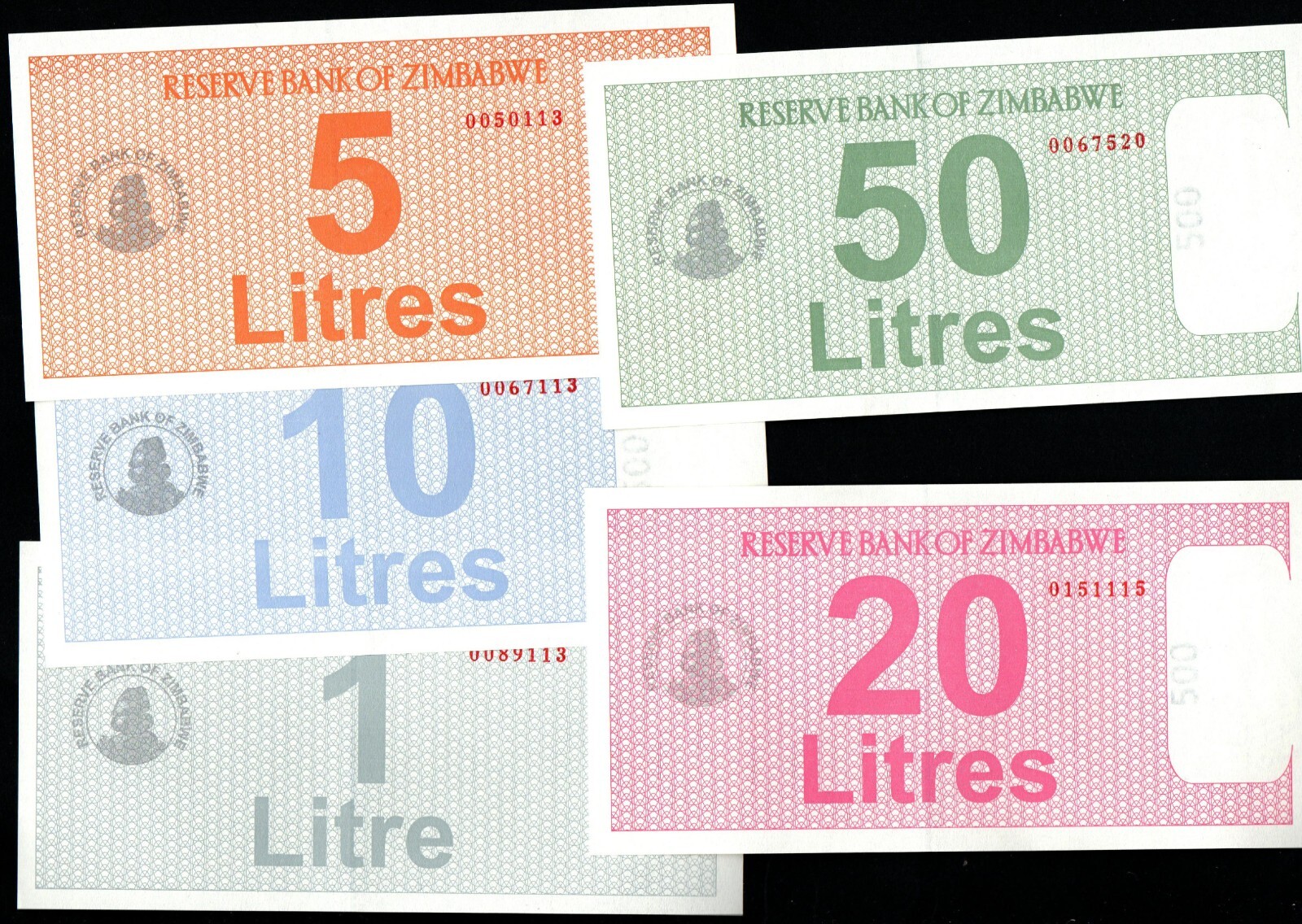 ZIMBABWE RESERVE BANK - PETROL COUPONS  1 to 50 unit on banknote paper see scans