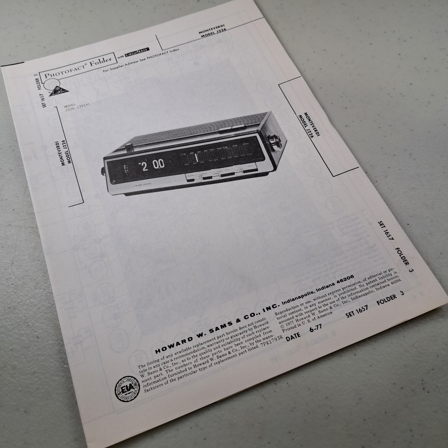 PHOTOFACT Manual Monteverdi Model J226 1977 Clock Radio