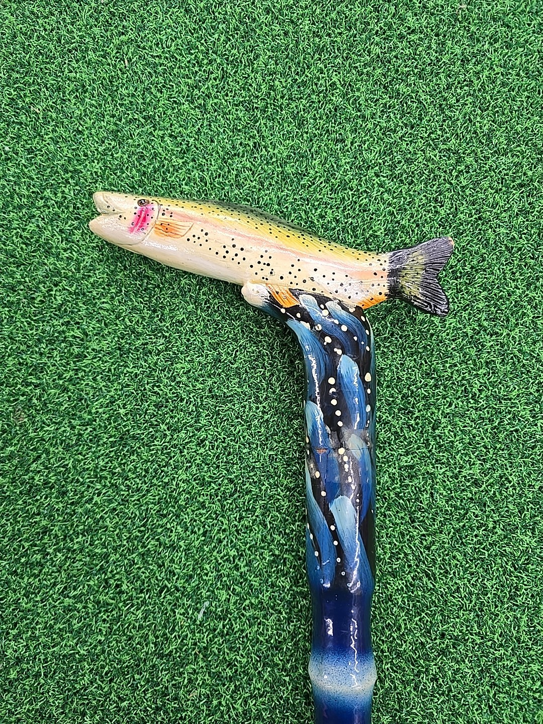 Carved Walking stick cane Fish Rainbow trout Wood Handmade Wooden Staff Fishing