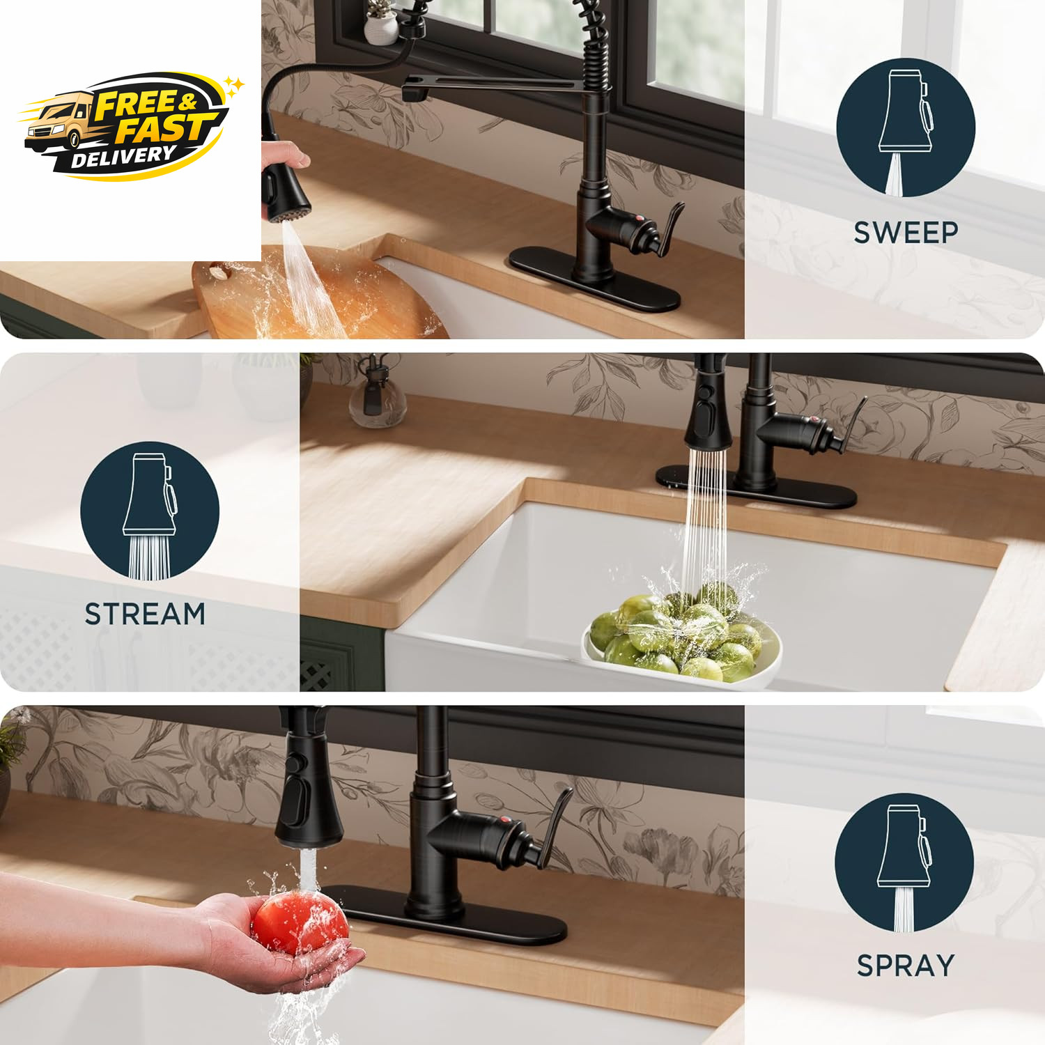 Rustic Kitchen Faucet with Pull down Sprayer Oil Rubbed Bronze, 3 Modes Stainles