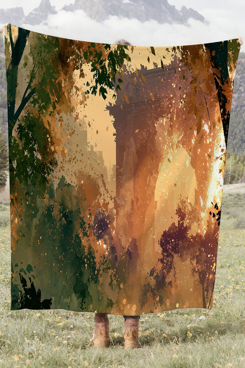 Autumn Archway Forest Coral Fleece Cozy Throw Blanket Rustic Elegant