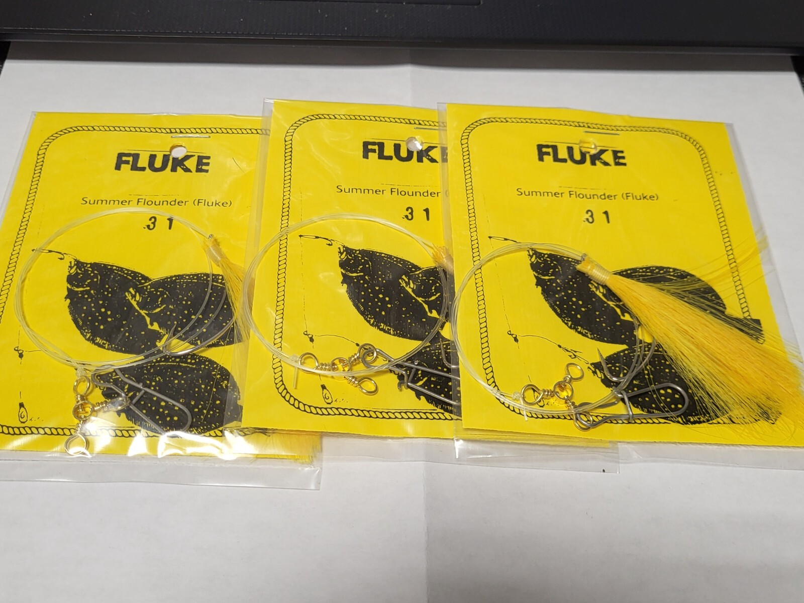 3 NJ Hand Tied YELLOW Hair English Hook w/3Way+Snap Fluke/Summer Flounder Rigs