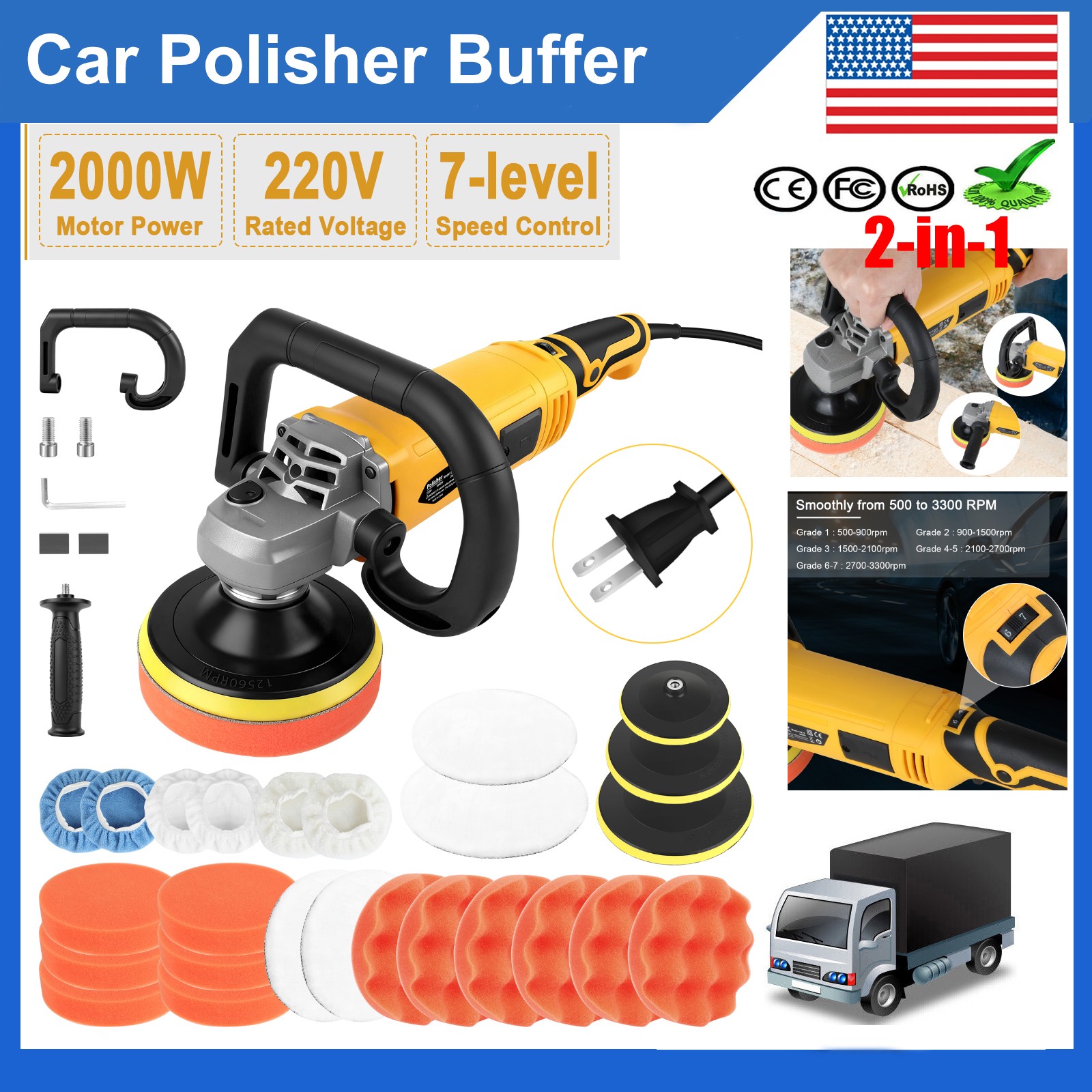 Brand New-Car Buffer Polisher Waxer 7-Speed,Switch Lock,2000W High Power FAST