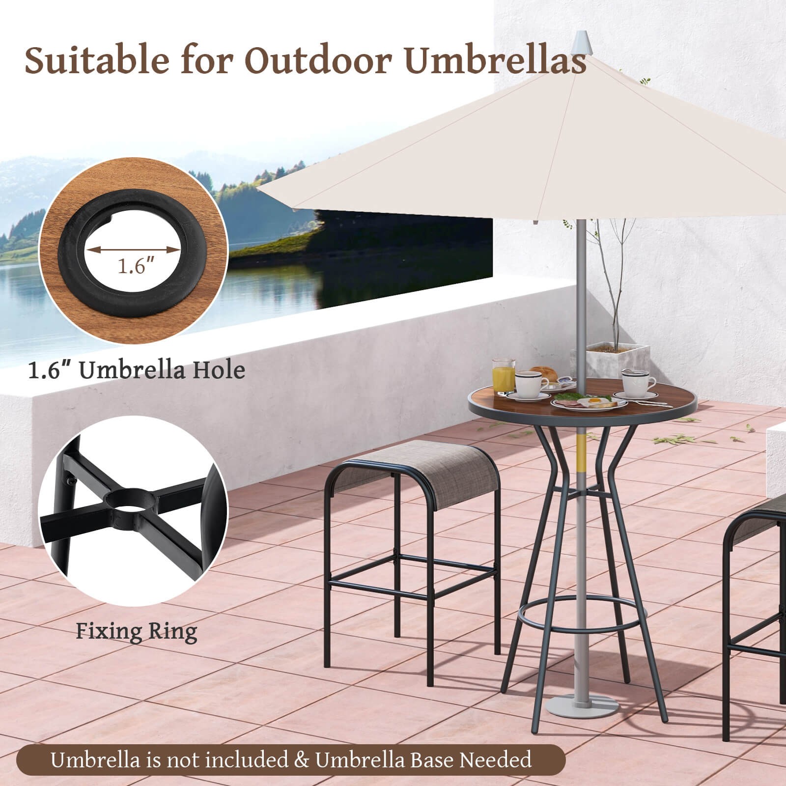 5 PCS Patio Bistro Set Round Table w/ 1.6" Umbrella Hole & 4 Stools Metal Frame