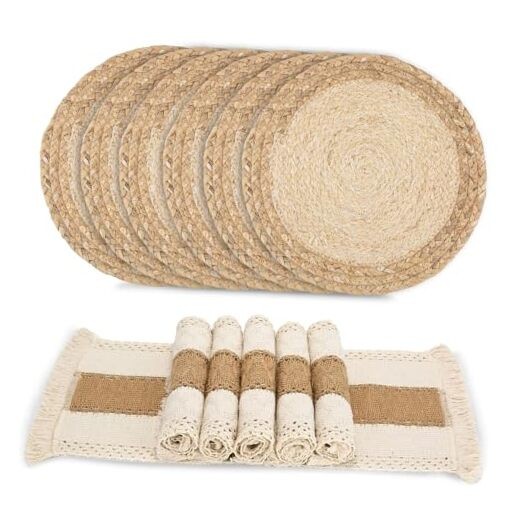 Handmade Boho Placemats Set of - Natural Cotton Burlap and Water Straw Woven 6