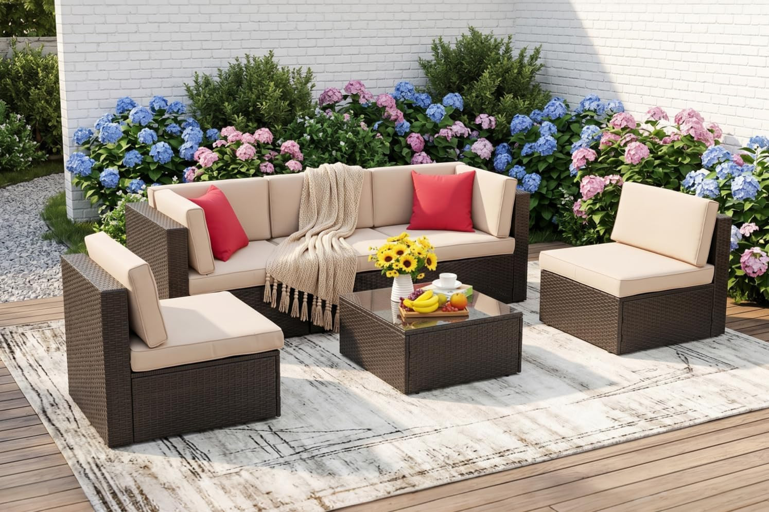 Vongrasig 6 Pieces Patio Furniture Set, Outdoor Sectional Patio Sofa Couch, PE W