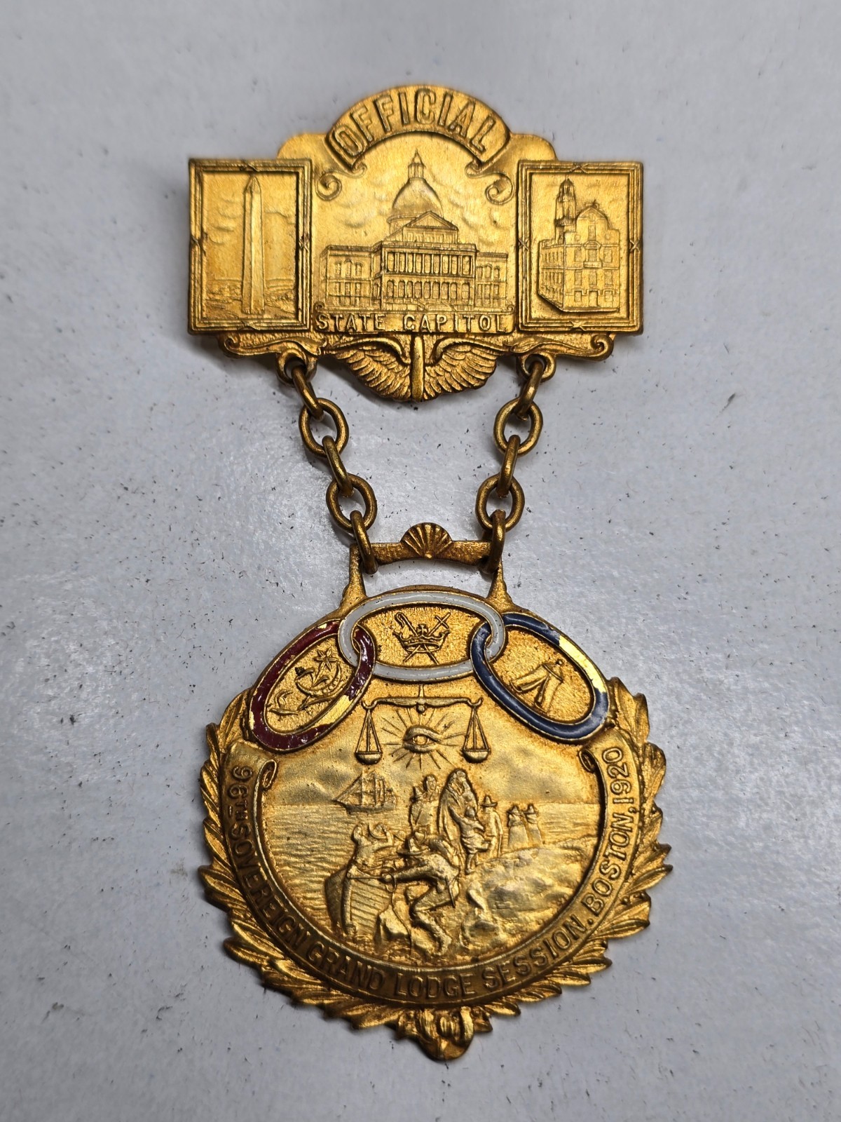 1920 IOOF Odd Fellows 96th Sovereign Grand Lodge Boston Official Medal Badge Pin