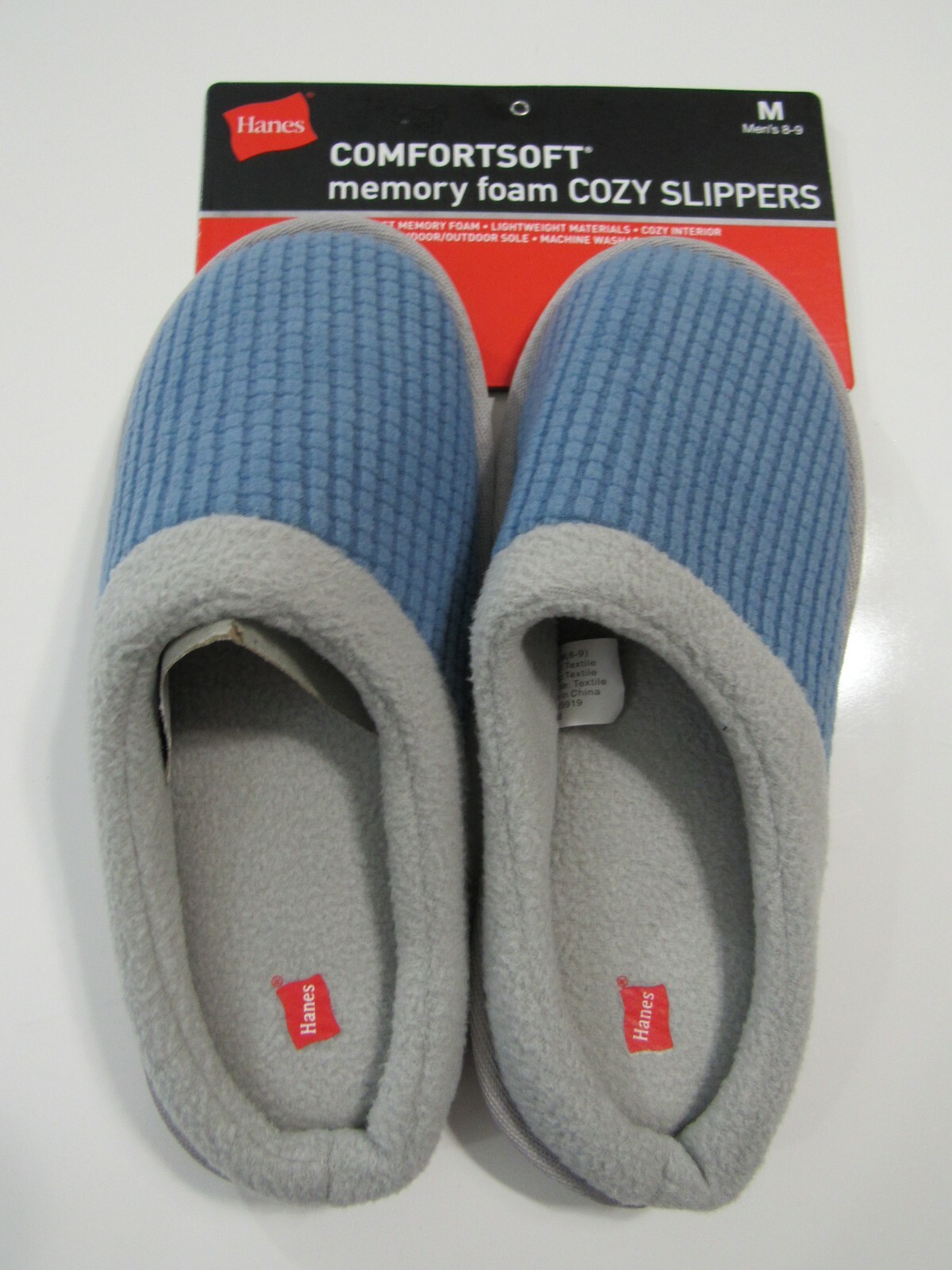 Hanes Mens Comfort Memory Foam Slippers Lt Blue Gray M 8-9 Nwt