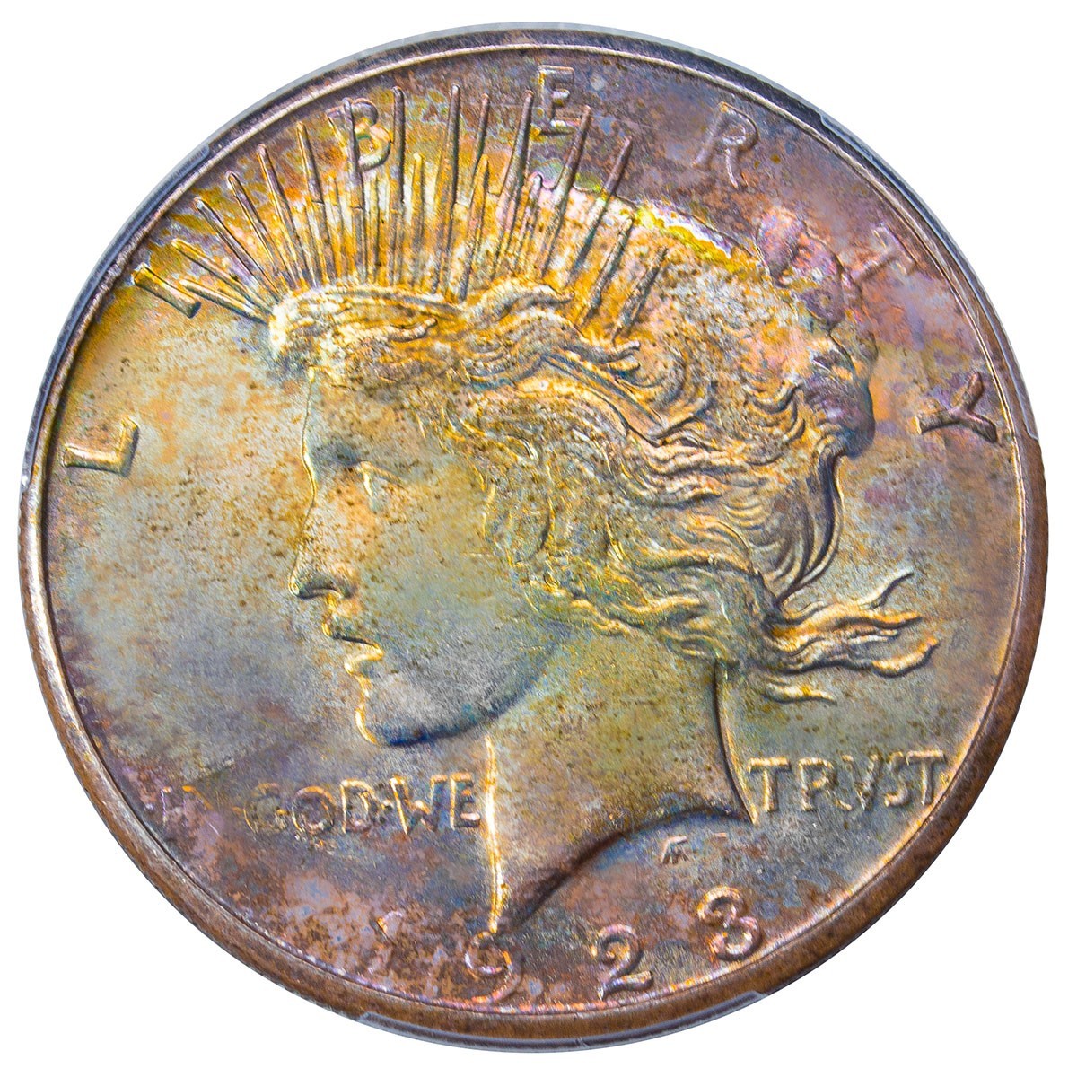1923-S PCGS MS64 PEACE $$ BEAUTIFUL MULTICOLOR BRIGHT RAINBOW TONING (VIDEO) **