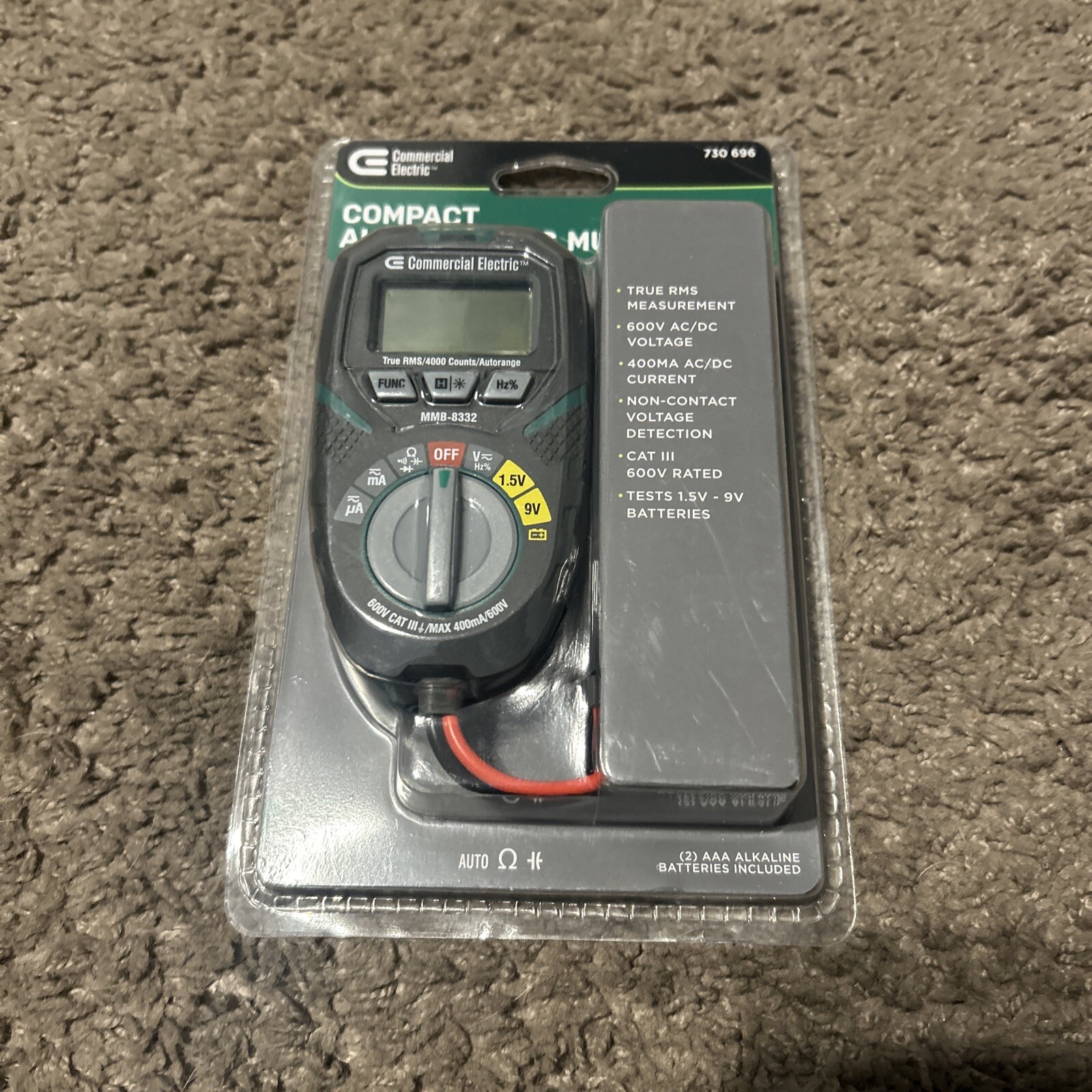 Commercial Electric Compact Auto-Ranging Multimeter Tests 1.5-9V "730-696" NEW