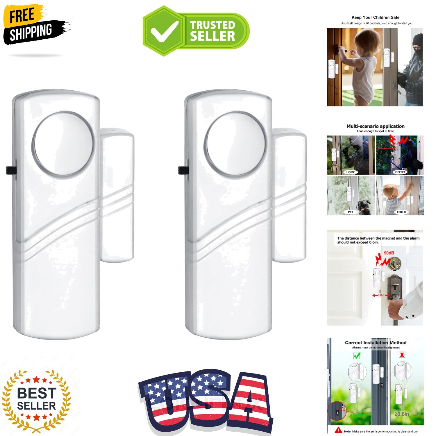 Security Door Window Alarm, 90DB Wireless Sensor Door Window Burglar Alarm, D...