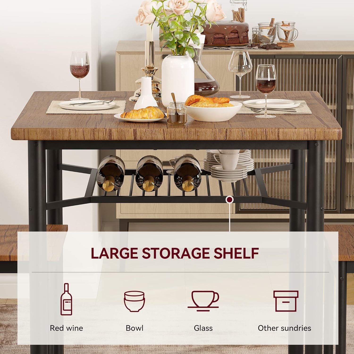 Dining Table Set for 2,3-Piece Kitchen Set w 2 Chairs&Wine Rack for Small Spaces