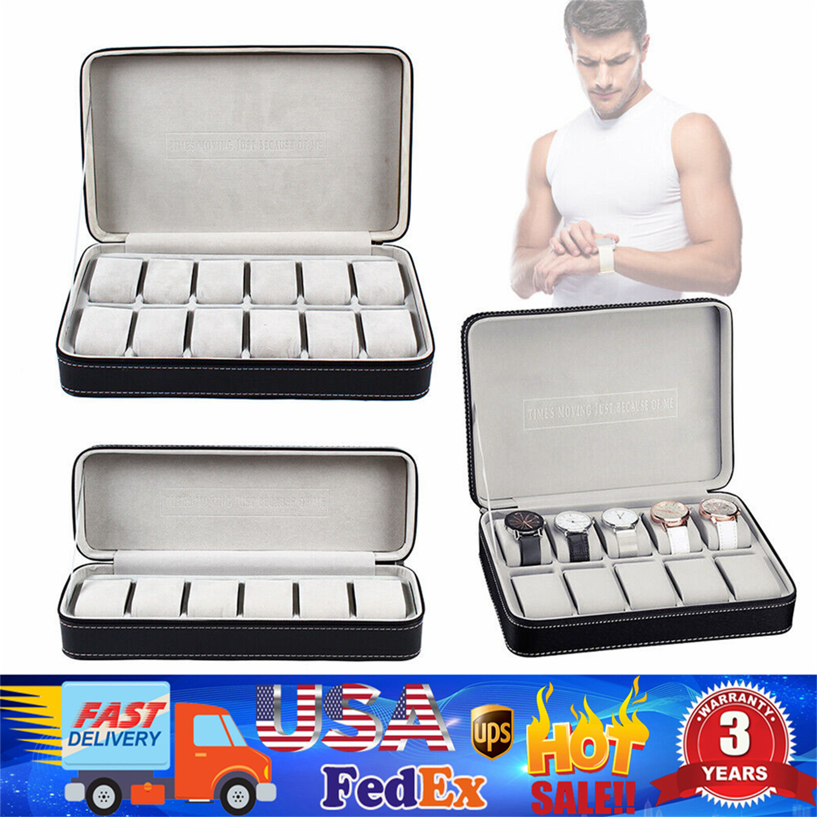 Watch 6/10/12 Slots Jewelry Storage Box Portable Travel Zipper Case Boxes SALE