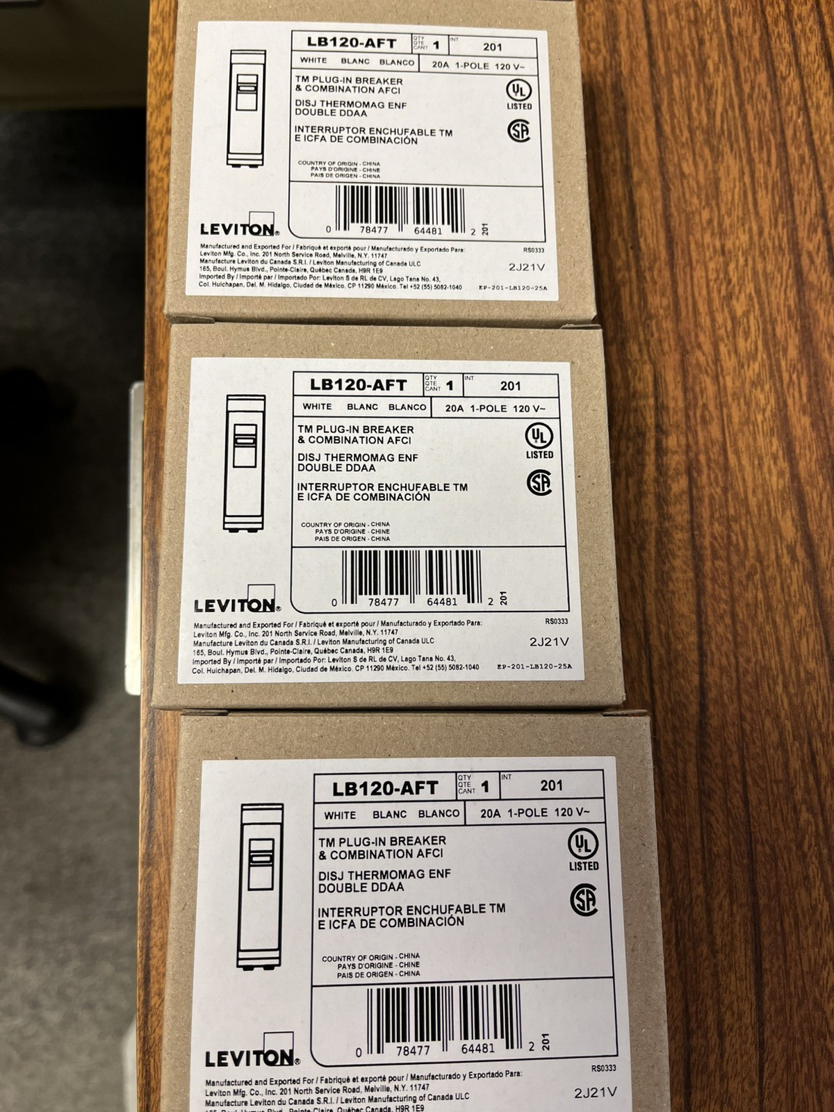 3  Leviton LB120-AFT  1-Pole TM Plug-In Circuit Breakers 120V 20A  New Unopened