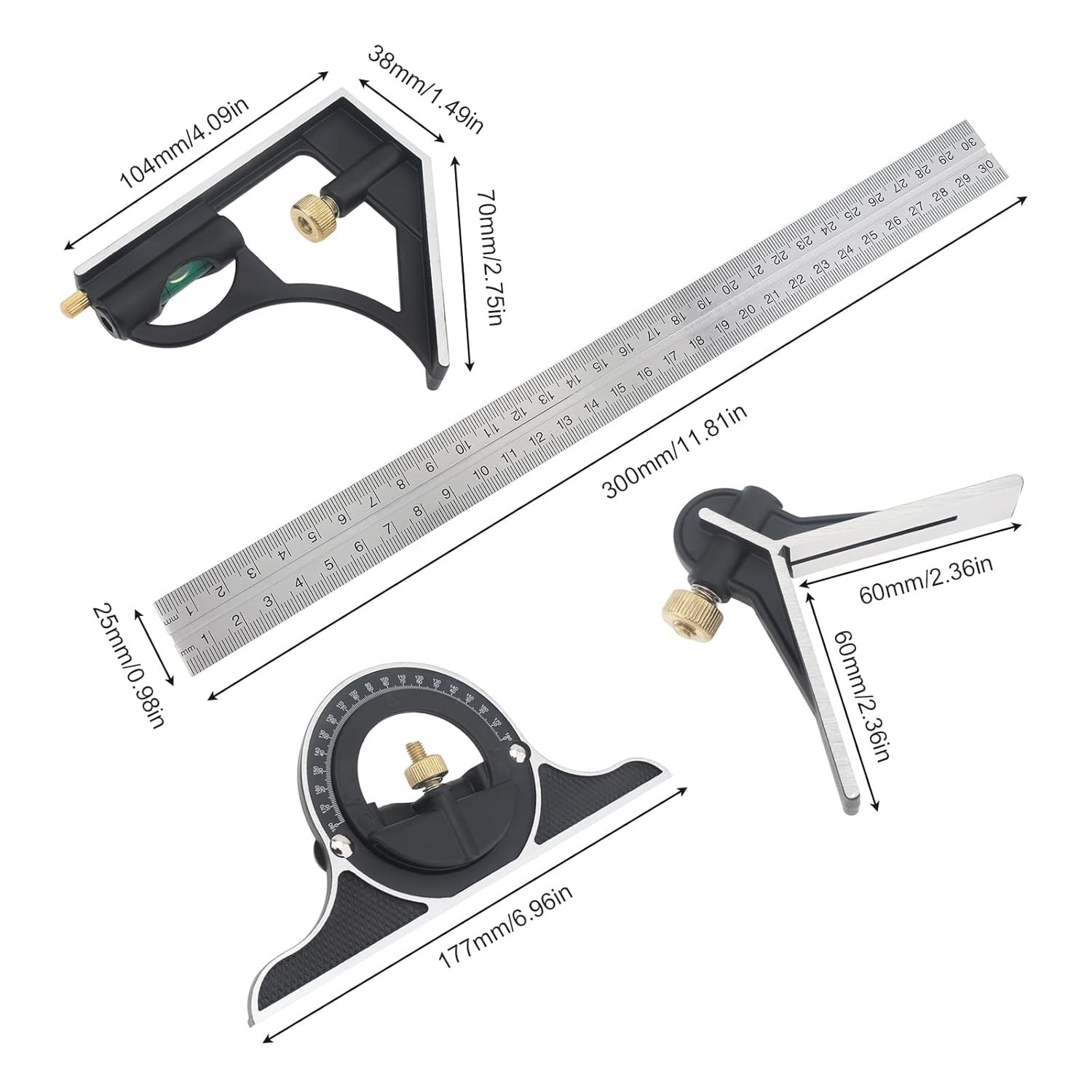 300MM Adjustable T-Square Set, Protractor Level & Sliding Square Ruler Kit