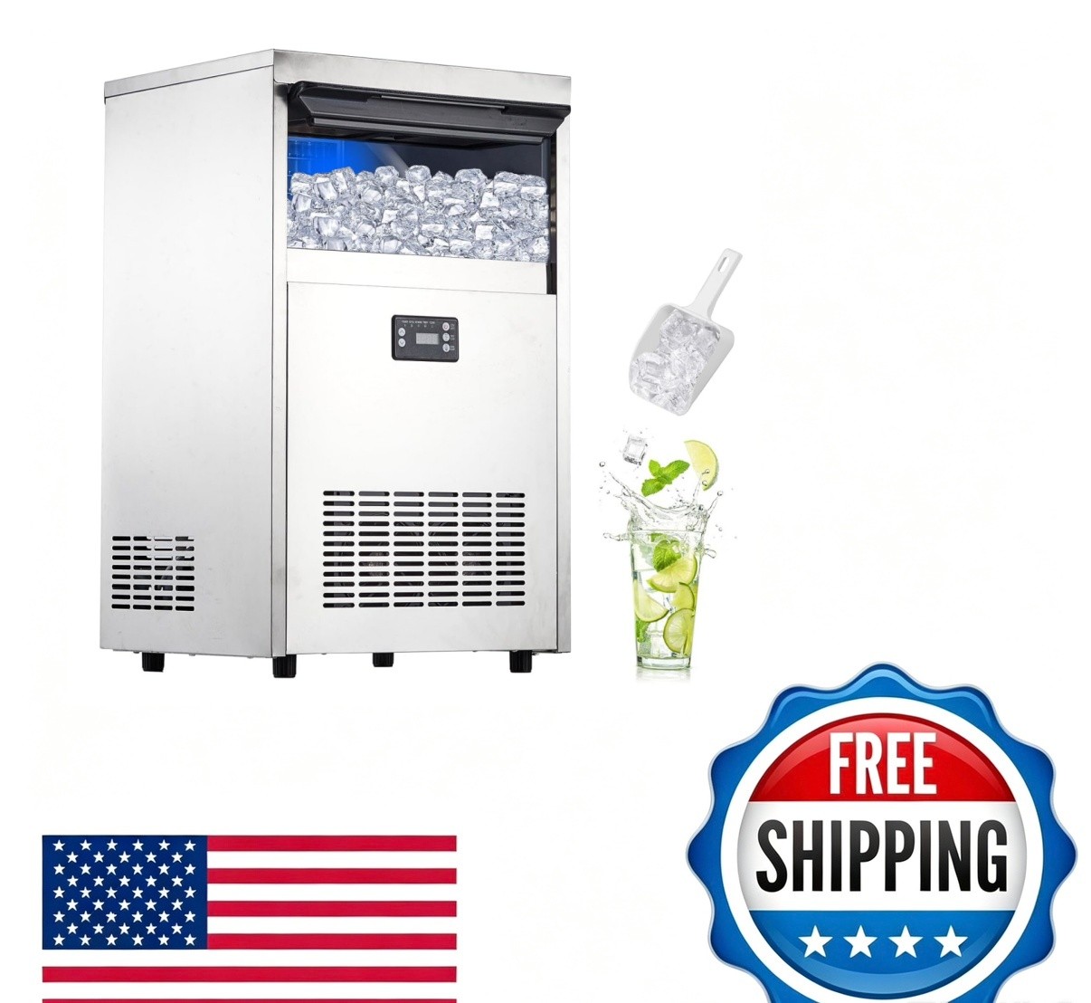 Commercial Ice Maker – 100lbs/24H Output, 33lbs Storage, 50 Cubes in 8-15min, 2