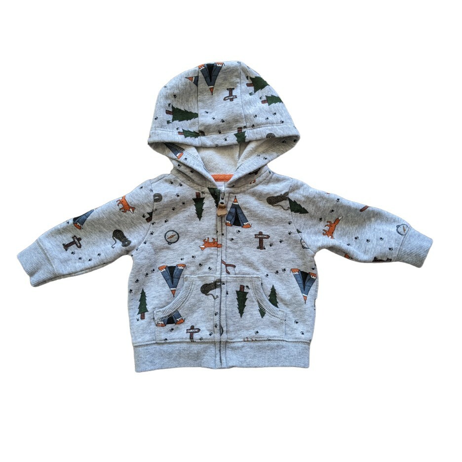 CARTER'S Kid's Hoody Zipper Gray Adventure Theme Size 3M Excellent Condition