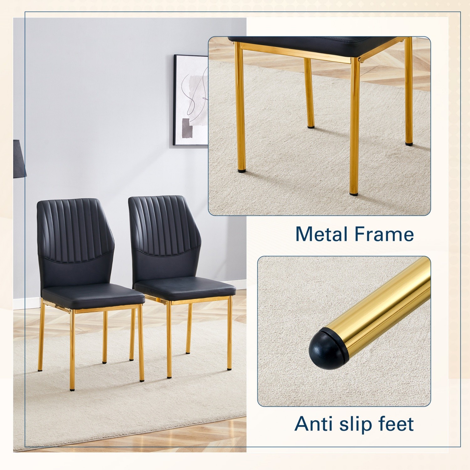 Set of 4 Black PU Leather Upholstered Kitchen Dining Chairs w/ Metal Gold Legs
