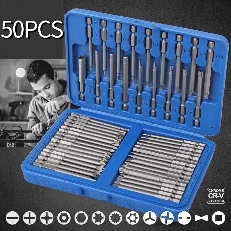 50PCS Extra Long Security Bits Hex Torx Star Spline Flat Screwdriver Bit Set