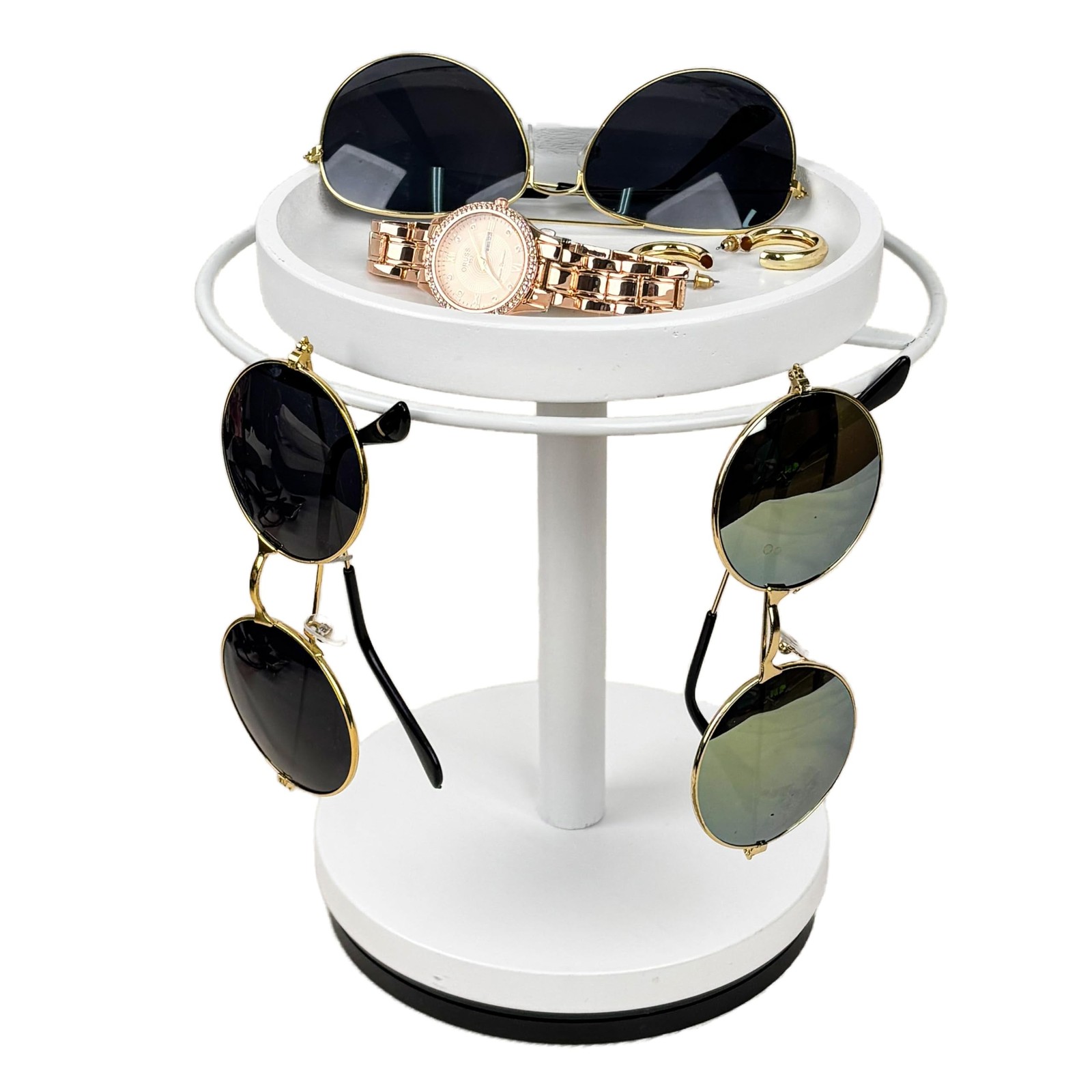 Sunglasses Organizer 360° Rotating Eyeglass Holder Stand with Wood Tray and
