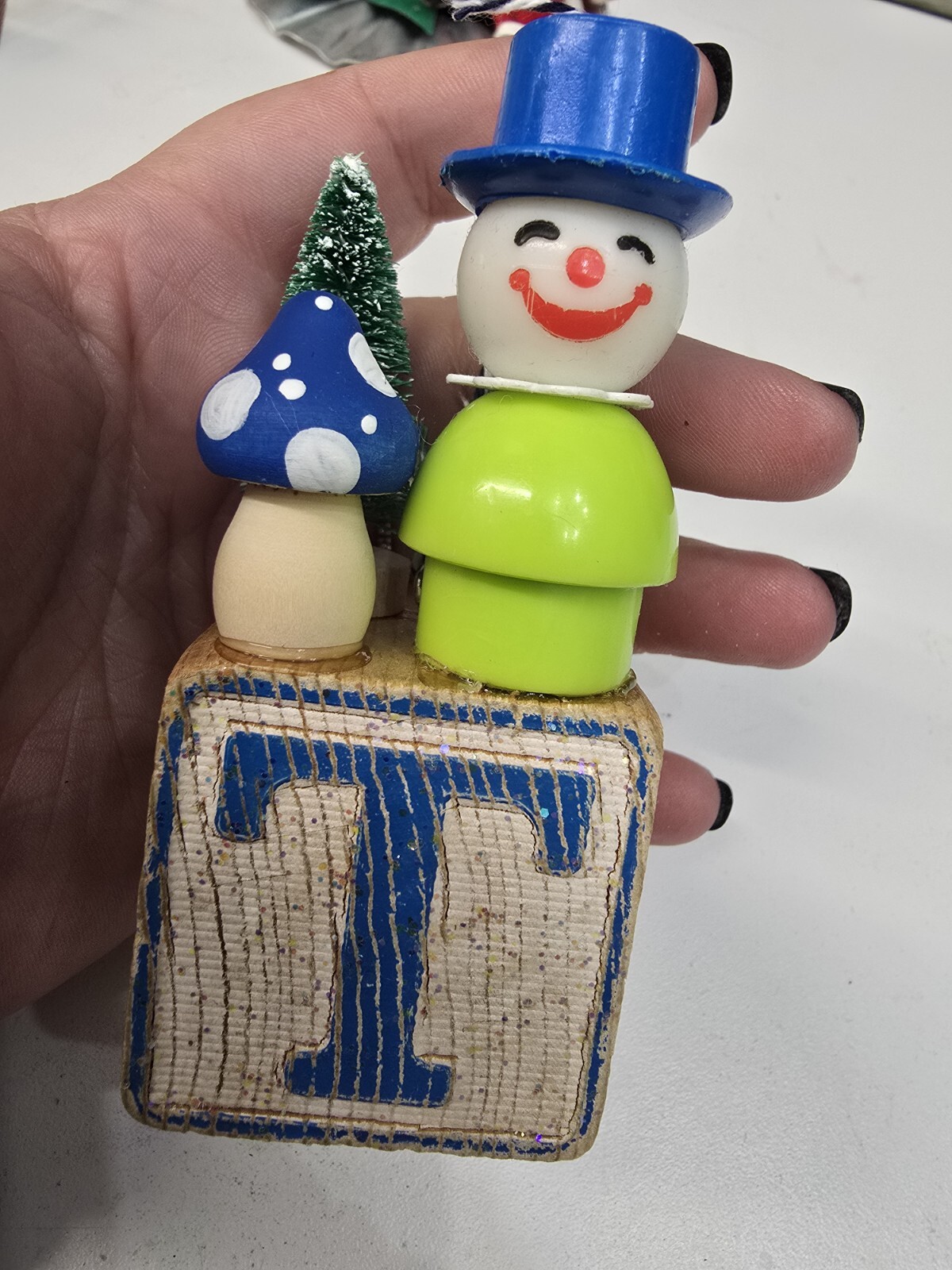 Vintage building block  Fisher Price Little People Christmas Ornament Letter T
