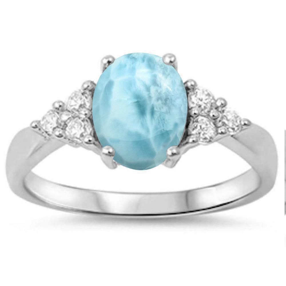 Oval Natural Larimar & Cubic Zirconia .925 Sterling Silver Ring