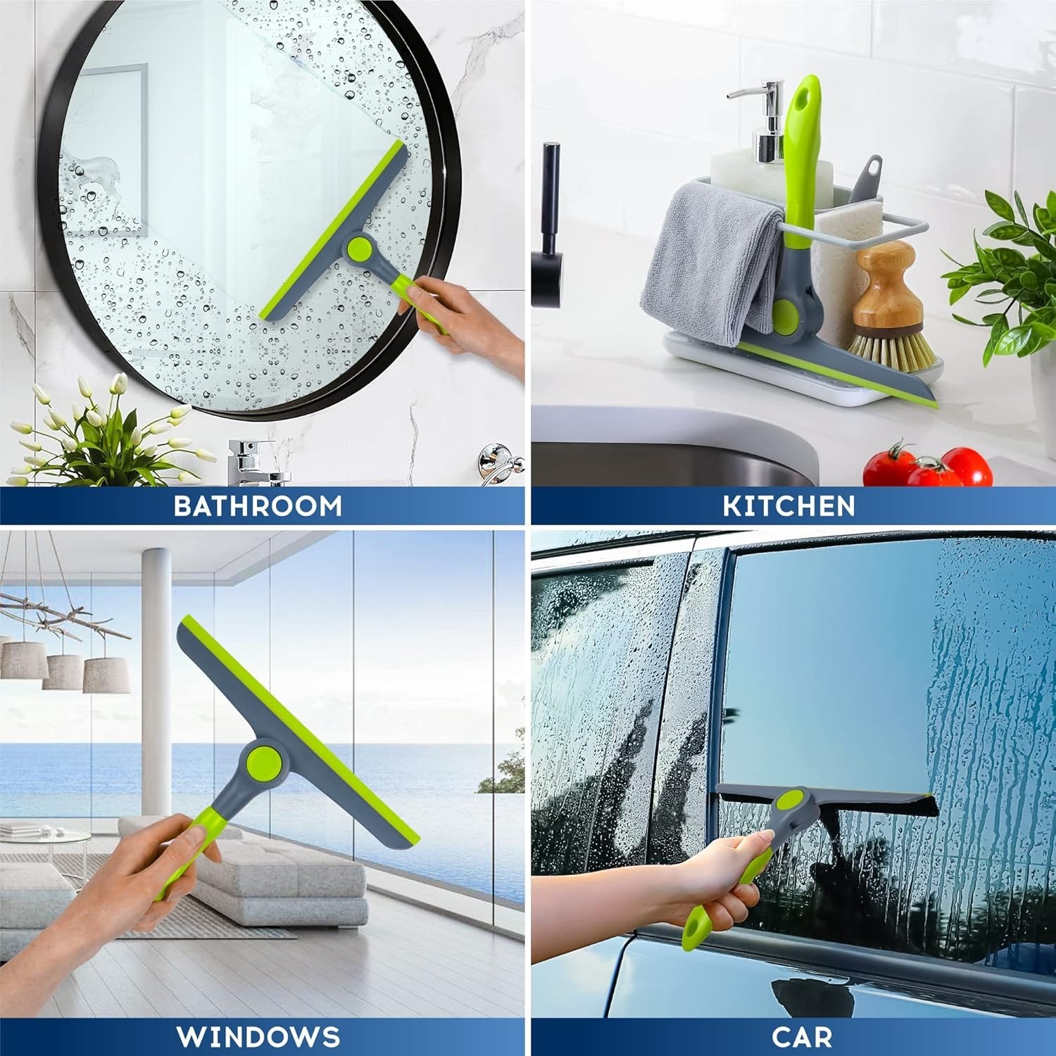 10" Heavy Duty Green, Grey Window Cleaning Squeegee, Handheld Squeegee for Gl...