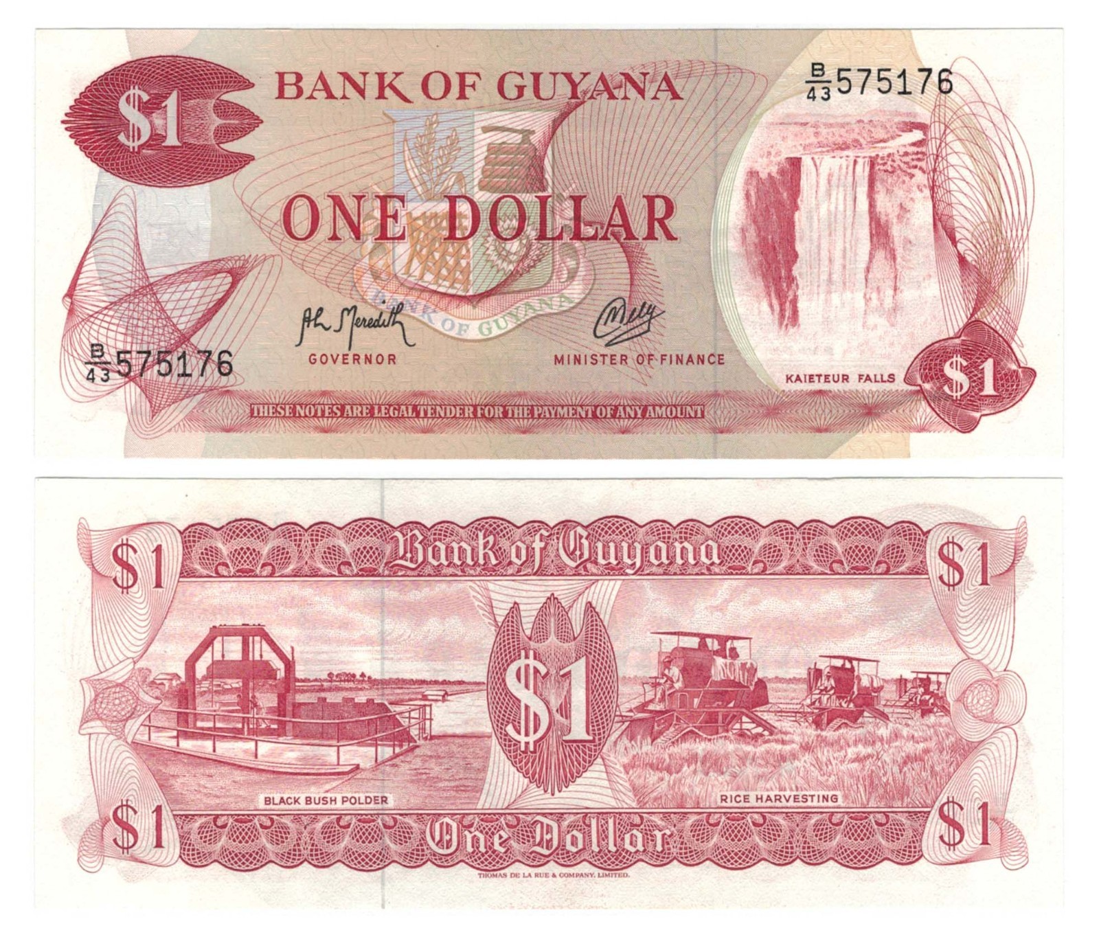 Guyana 1 Dollar (ND/1992) - Rice Harvest/Waterfall/p21g.2/Sig. 9 UNC