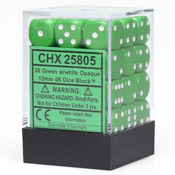 CHX25805 Chessex Manufacturing Opaque: 12mm D6 Green/White (36) Dungeons RPG