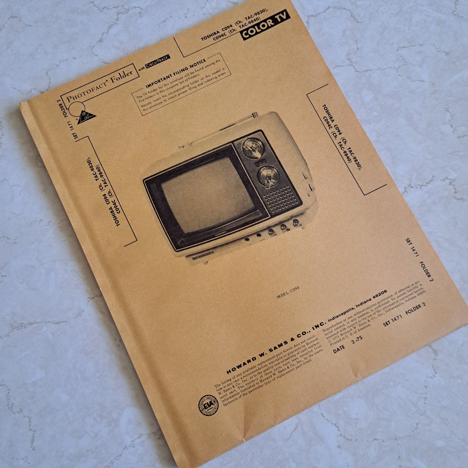 Howard W. Sams Photofact Manual Toshiba C094 Color TV 1975 Schematics