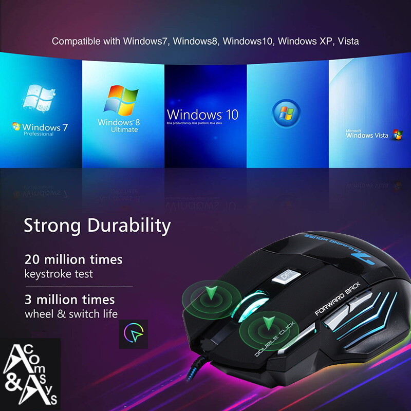 7 Button PC Gaming Mouse Illuminated Optical USB Gamer Mouse 2400DPI Computer #G