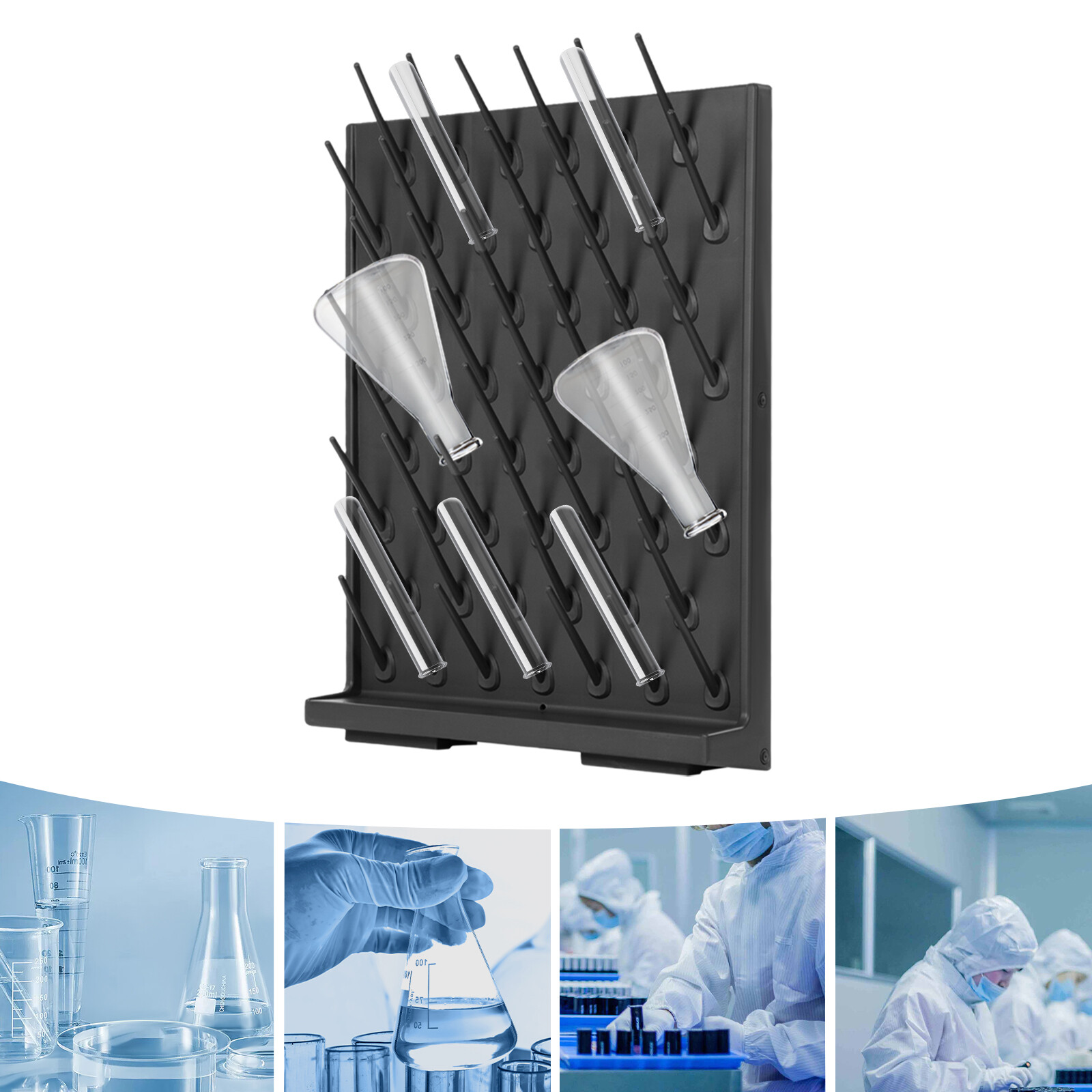 Lab Drying Rack Draining Rack Glassware Clean Dry 52 Pegs Detachable Black