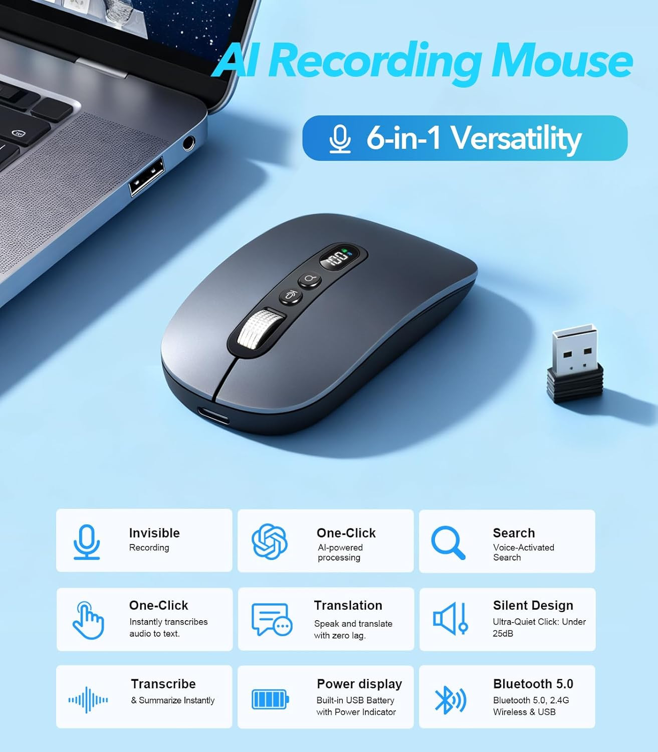 AI Wireless Mouse with Voice & Audio Recorder， Wireless Bluetooth Mouse for Macb