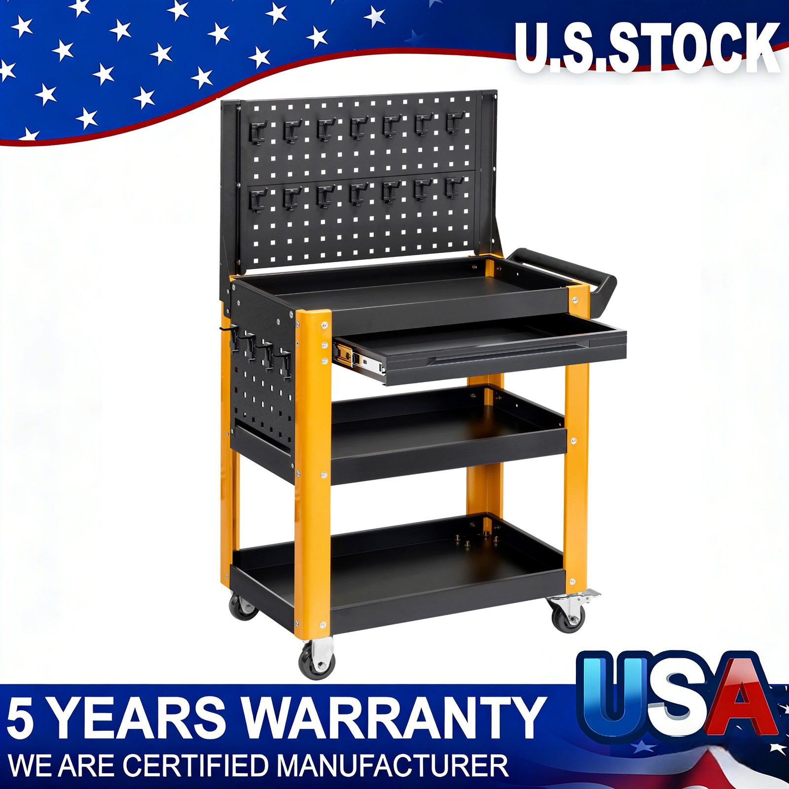 4-Tier Tool Cart on Wheels 1000 lb Rolling Work Cart with Drawer & Pegboard