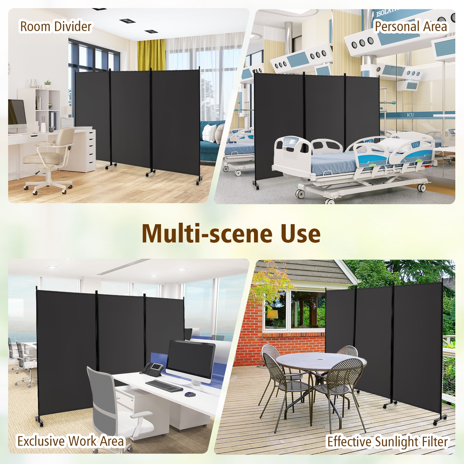 3-Panel Folding Room Divider 6' Rolling Privacy Screen w/Lockable Wheels Grey