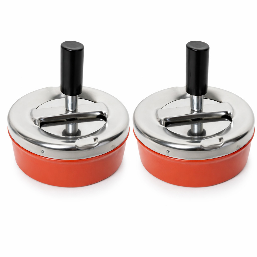 2 pack Round Push Down Ashtray with Spinning Tray Retro Style (Red)