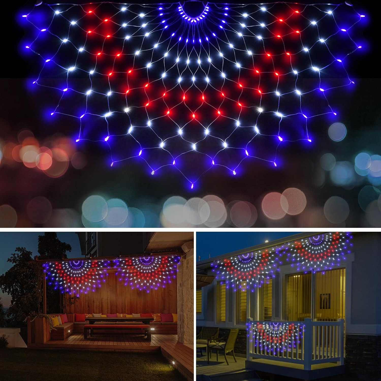 3 Packs American Flag Lights Outdoor - 4x2 FT Half Fan Shape Patriotic Net Light