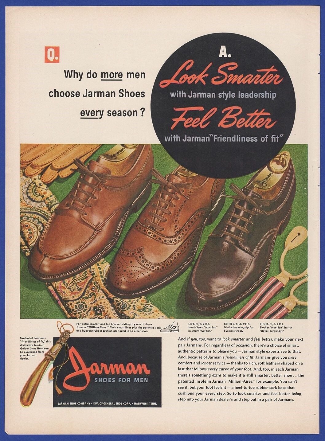 Vintage 1947 JARMAN Shoes for Men Fashion Nashville TN 1940's Magazine Print Ad