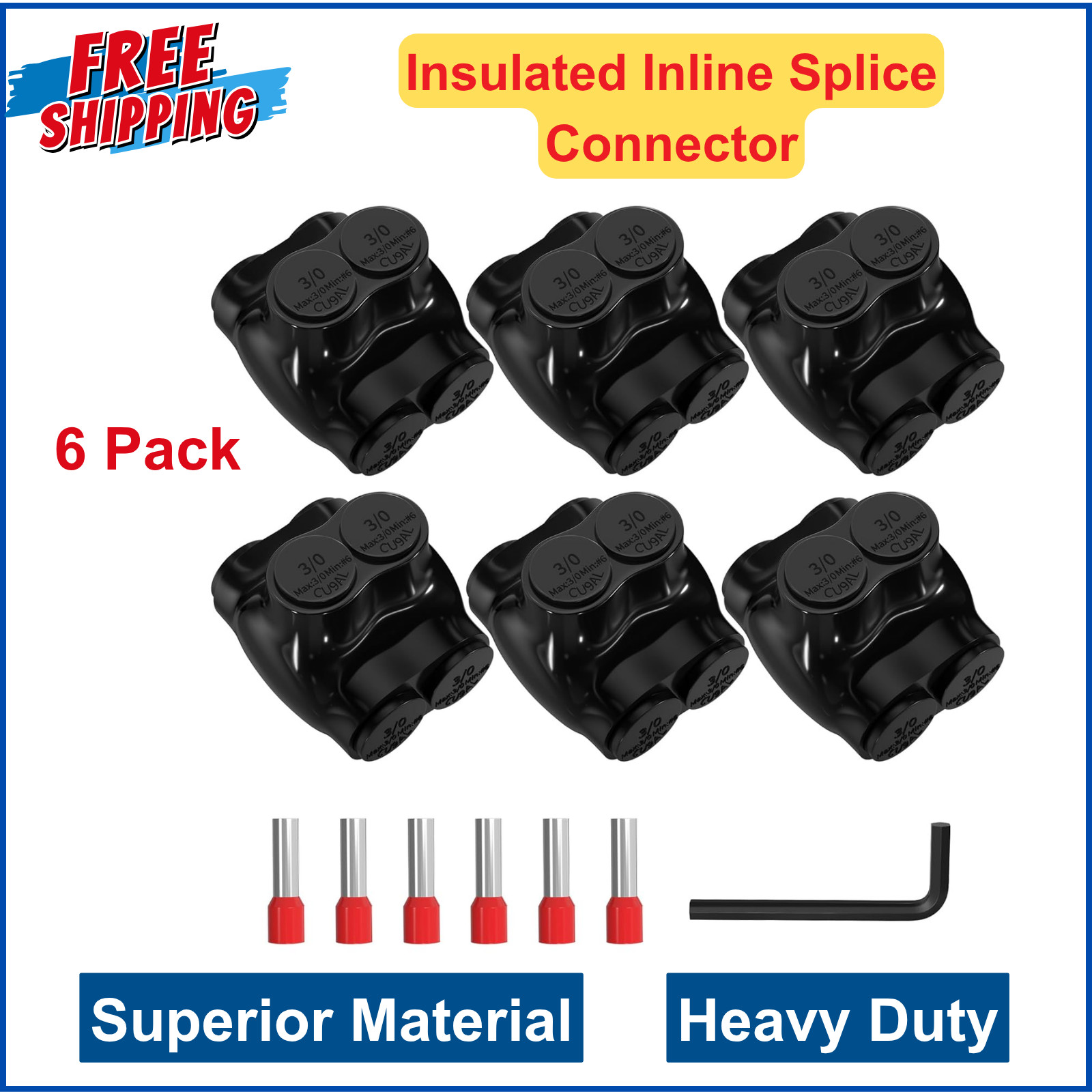 2 Port Insulated Inline Splice Connector 3/0-6AWG Aluminum to Copper Wire 6 Pack