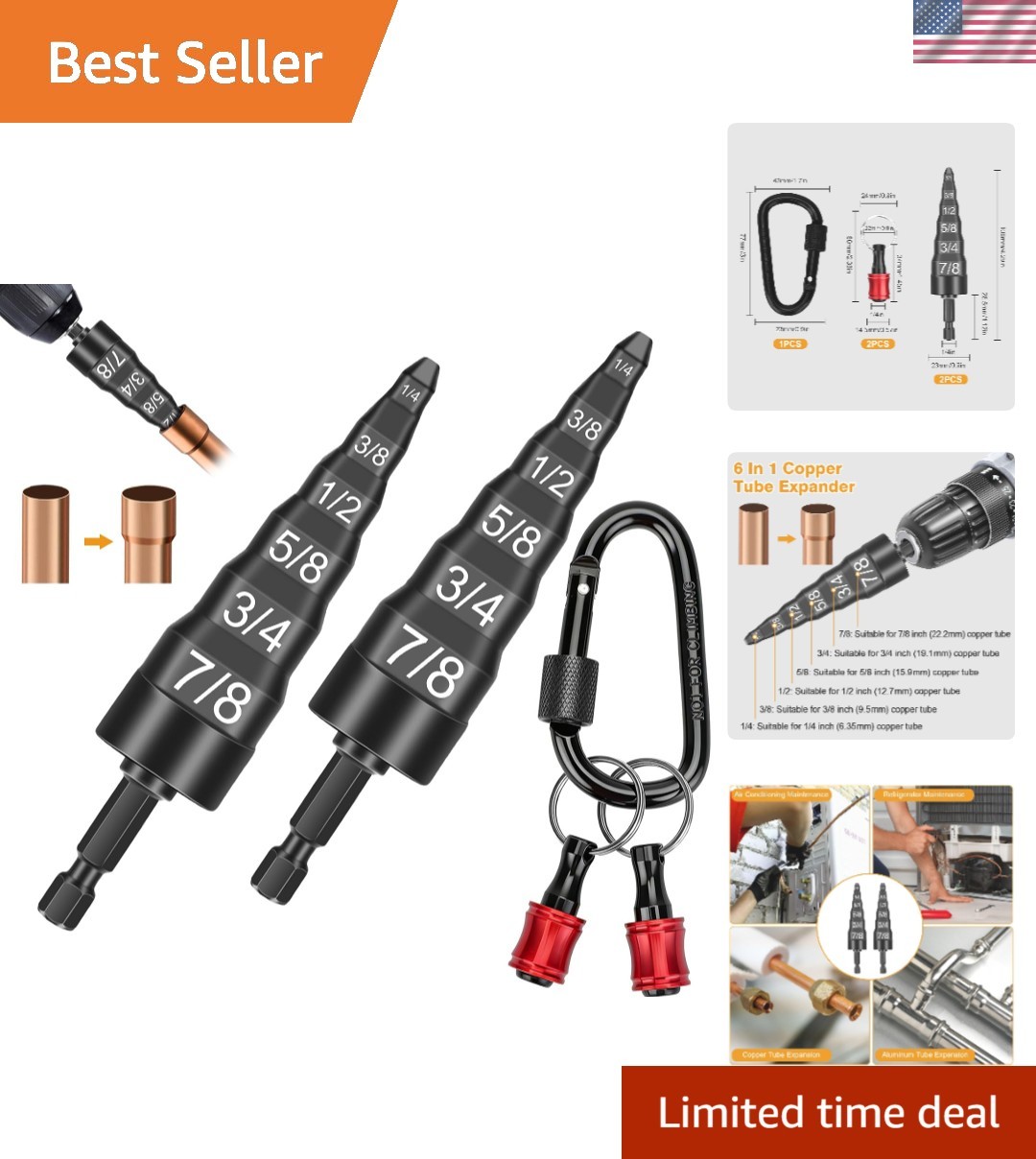 Portable 6-in-1 Copper Pipe Expander Set for HVAC - Compatible with Drills