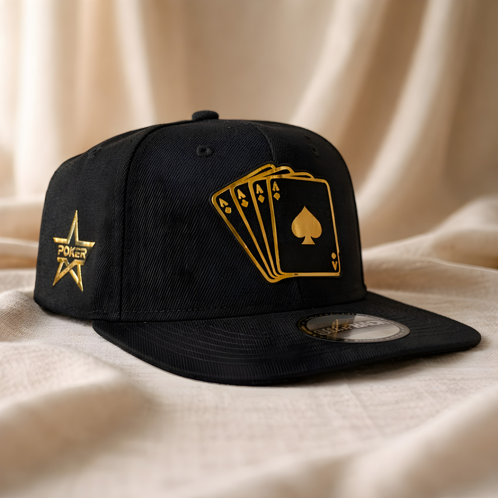 Gorra Negra Snapback 4 ases Poker en alta densidad 3D dorado platinado SA