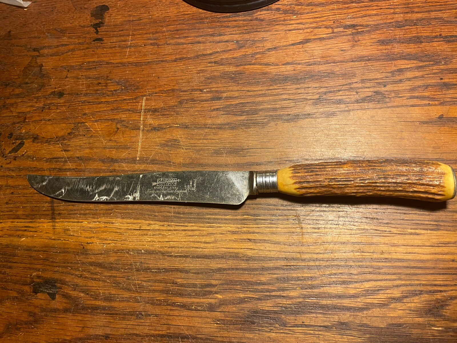 Vintage General Cutlery Co Stainless Steel Knife Sheffield England Antler Bone
