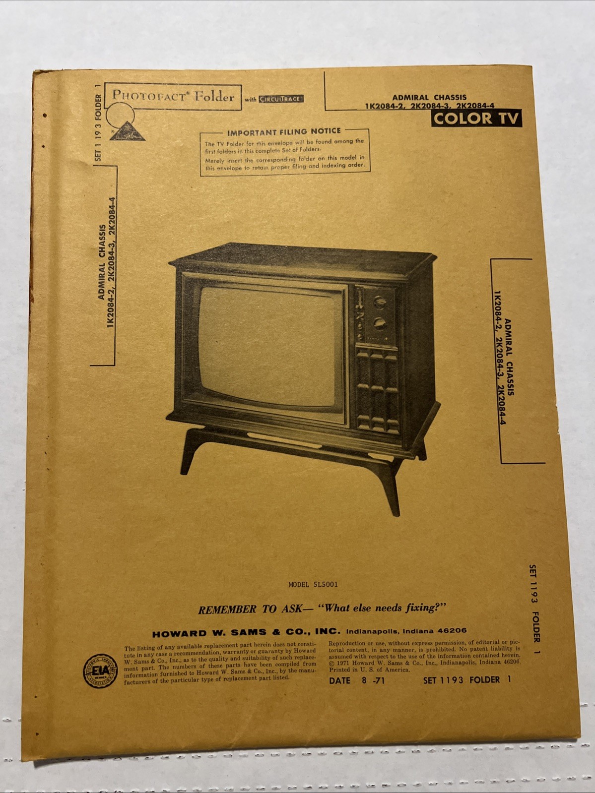 Vintage Sams Photofact Schematic 8-1971 ADMIRAL CHASSIS 1K2084-2, 2K2084-3,