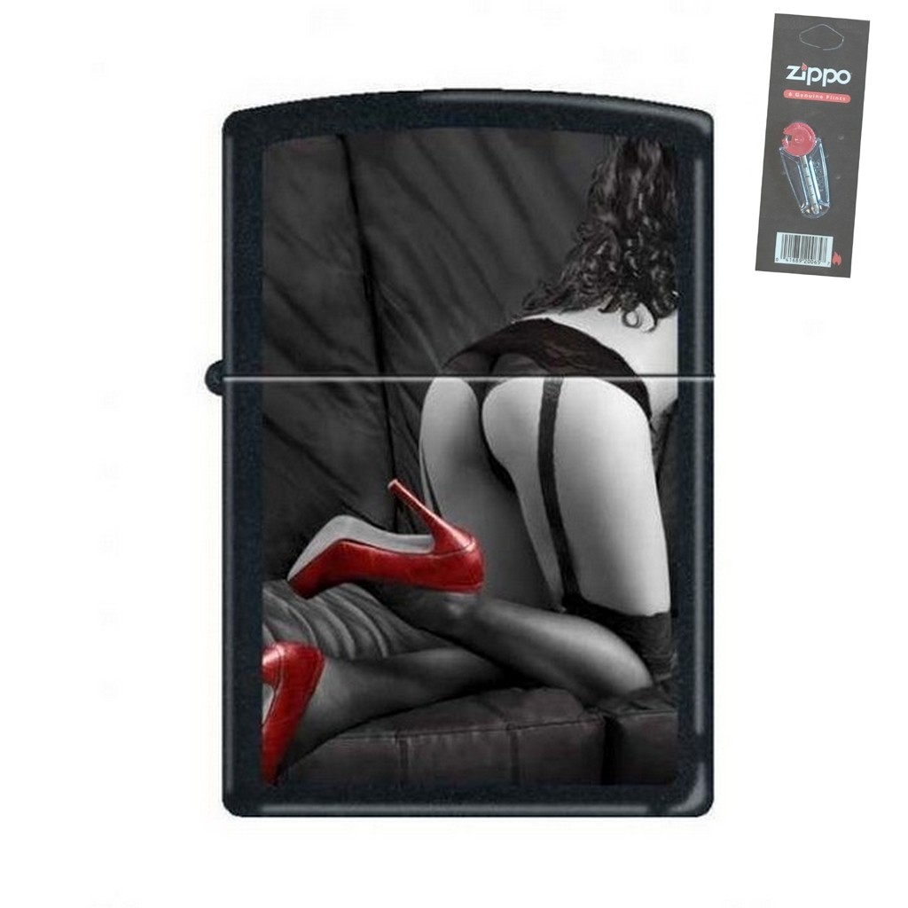 Zippo 2125 Red Shoes Woman in Lingerie Black Matte Lighter + FLINT PACK