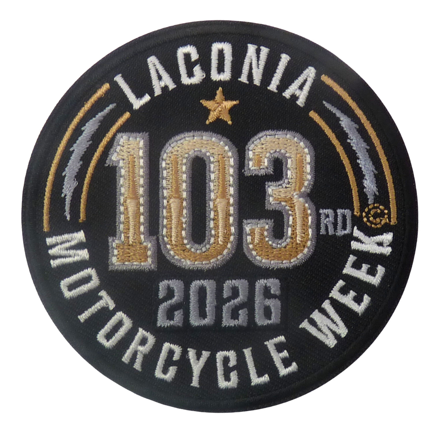 Laconia 103rd Motorcycle Wk 2026 Silver Lightening Bolt Embroidered Event Patch.