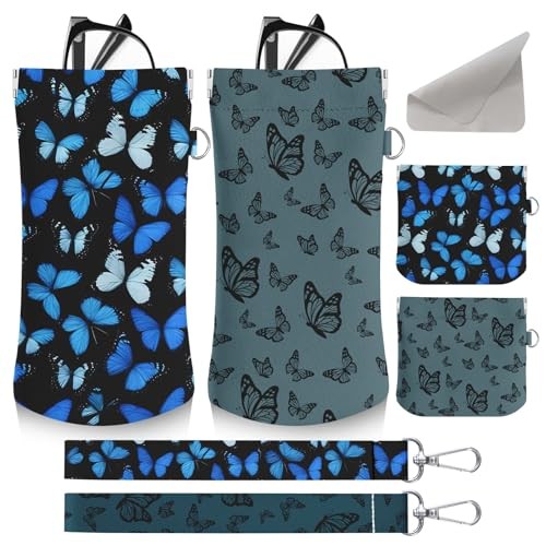 4PCS Squeeze Top Eyeglass Sunglass Cases Pouch Soft PU w/Lanyard Butterfly