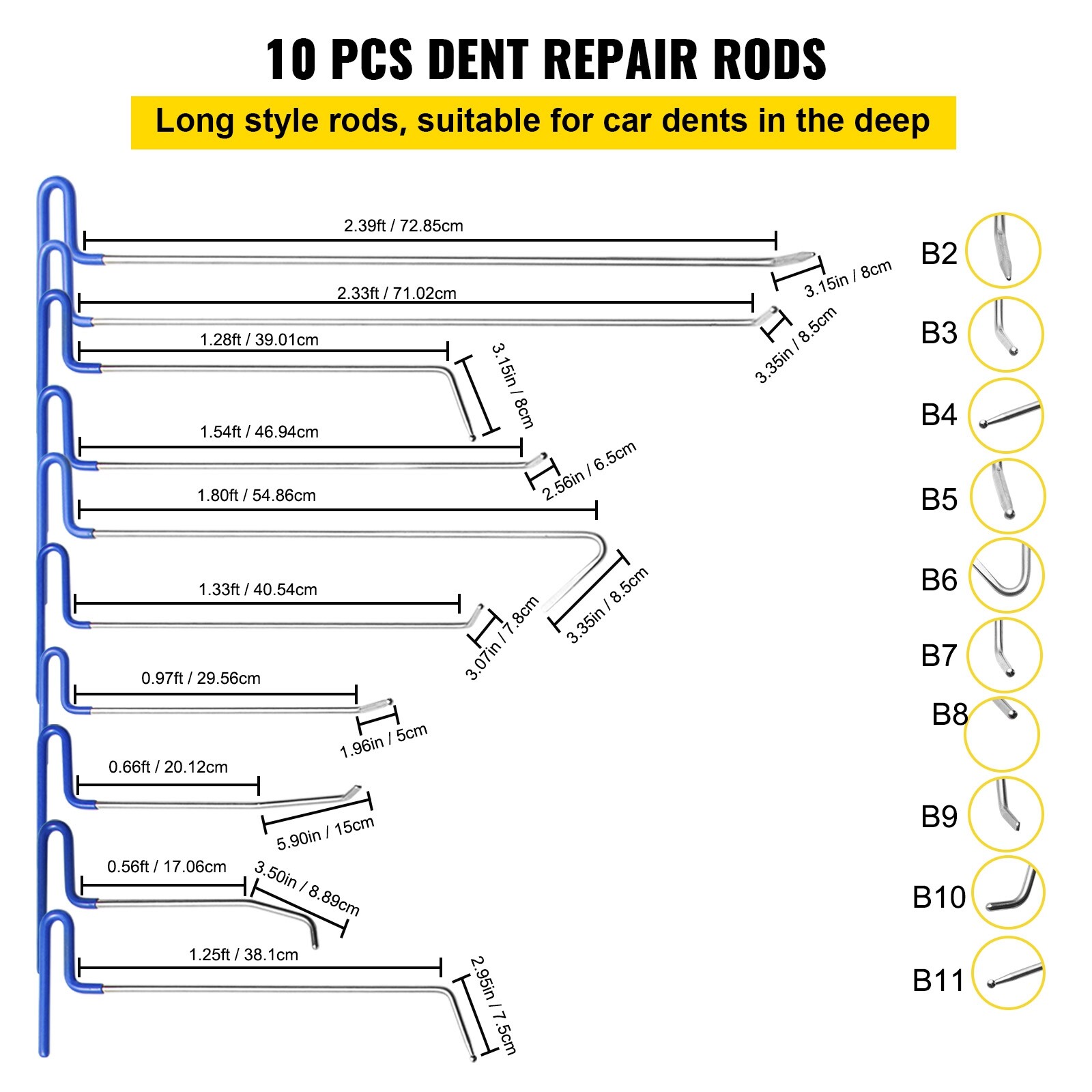 VEVOR 20Pcs Car Push Puller Rods Dent Removal Paintless Tools Repair Hammer kit