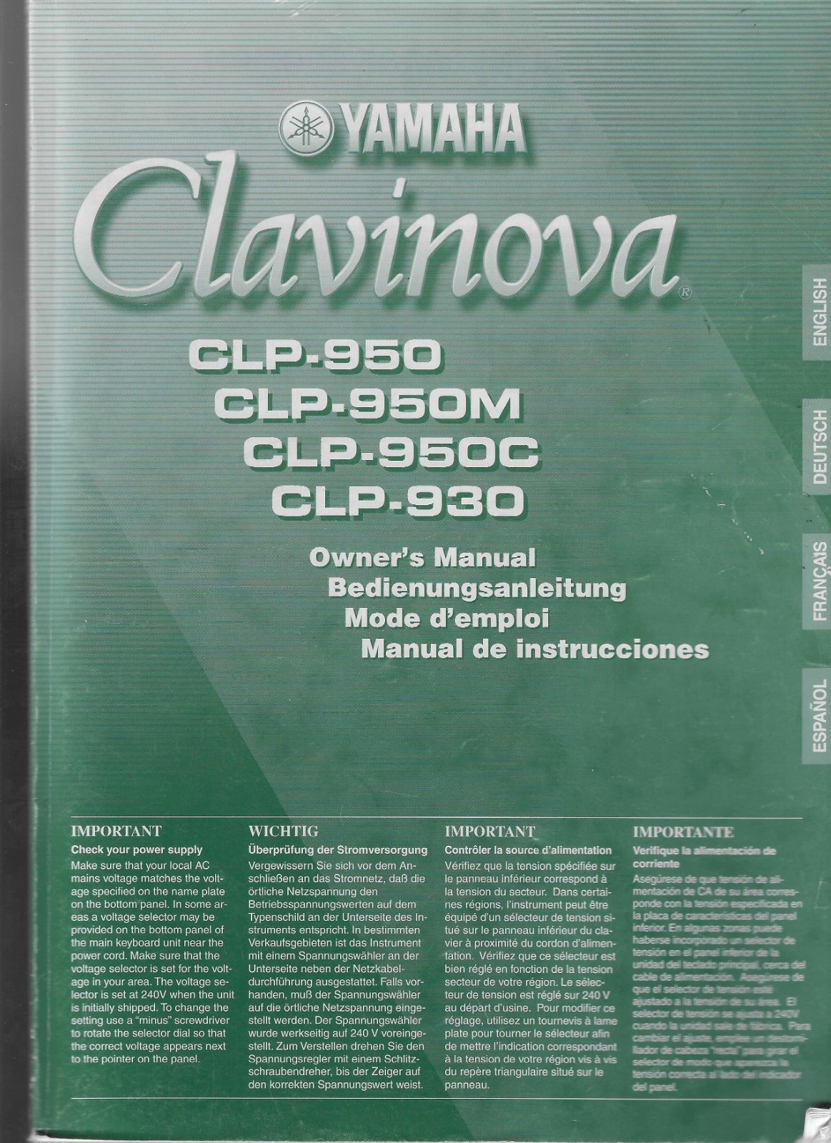 YAMAHA Clavinova Owner's Manual For Models CLP-950-CLP-950M-CLP-950C-CLP-930