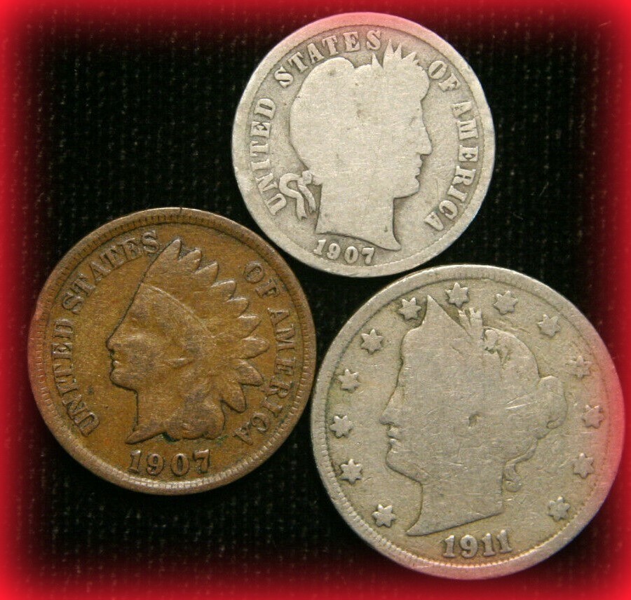 Old US Coin Estate Lot Barber Dime Indian Head Cent Liberty Nickel 3 Coin Set