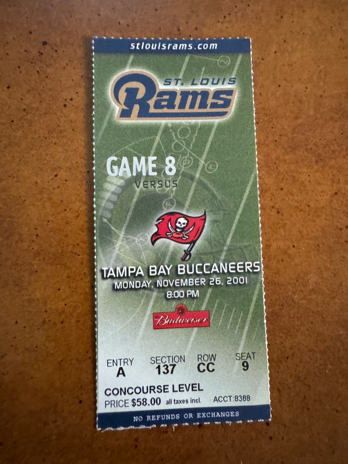2001 St Louis Rams Tampa Bay Buccaneers Football Ticket Mike Alstott 2 TDs